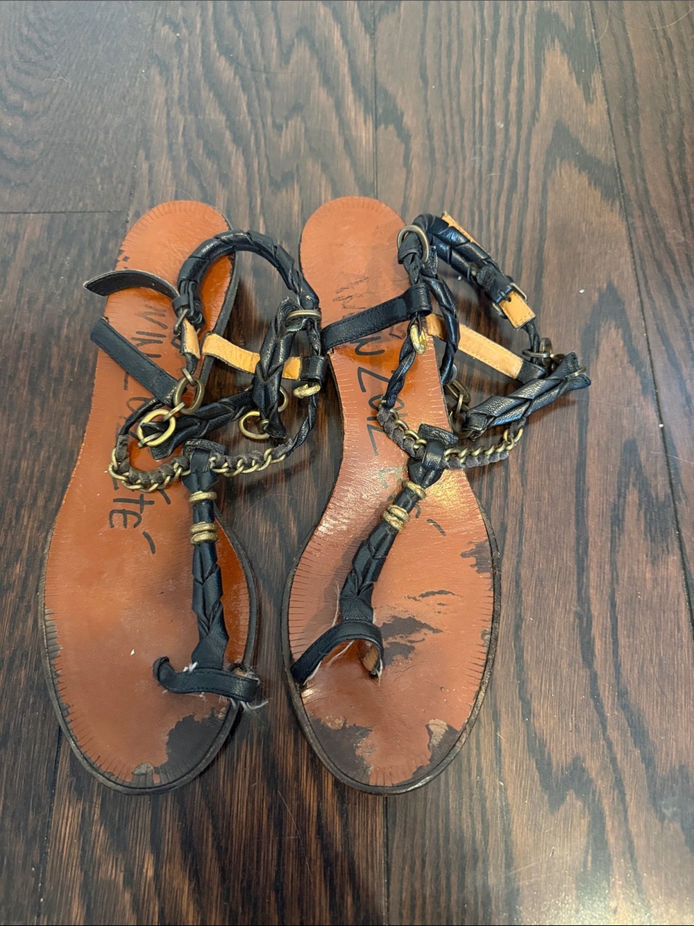 Lanvin Black Braided Leather Sandals with Gold Chain Accents